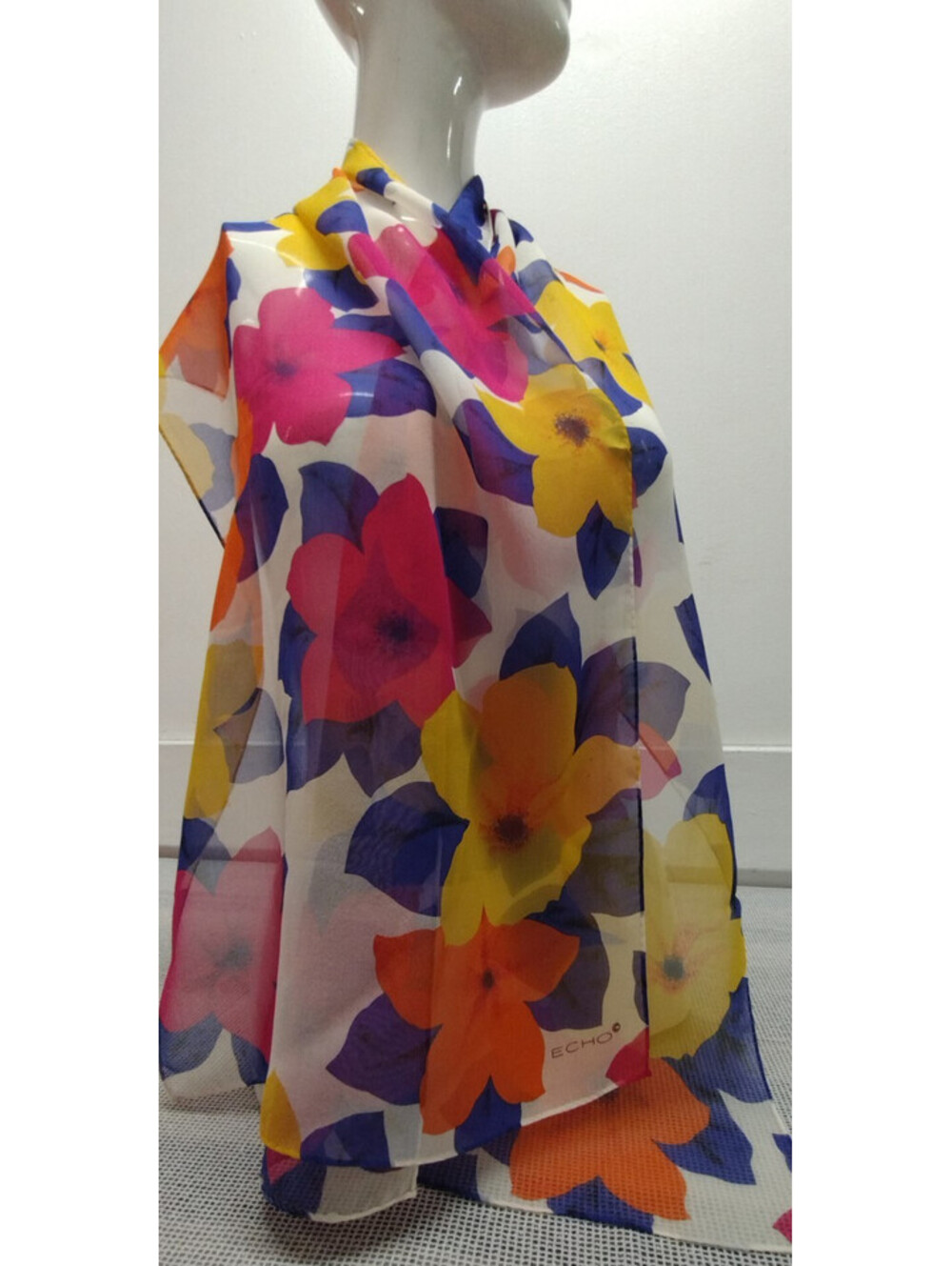 Vintage Echo Chiffon Silk Long Scarf Orange Hawaiian Flowers Tropical Multicolor